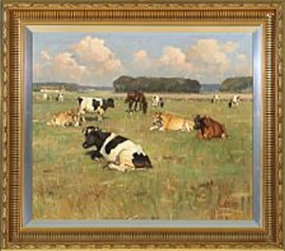 Landscape with grazing cattle and horses