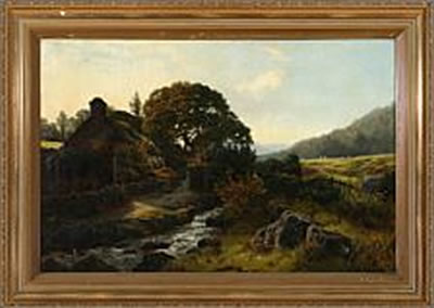 Summer landscape with a thatched house at a stream
