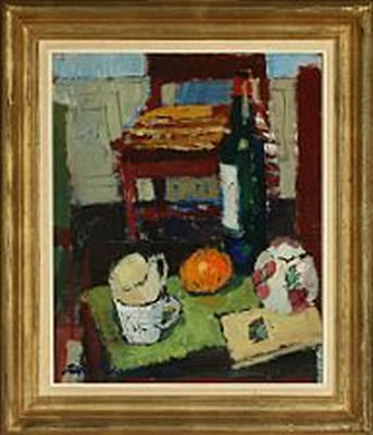 Still life with a bottle, cups and fruit on a table