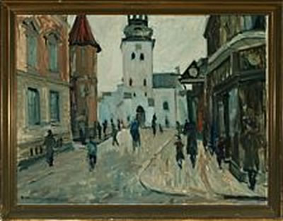 Street scenery from Aalborg with Budolfi Church in the background