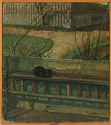 View over the garden at winter, with a black cat sleeping on a ladder by Viggo Brandt - Auction record, sale price, and art valuation. Compare with similar artists and explore comparable artworks.