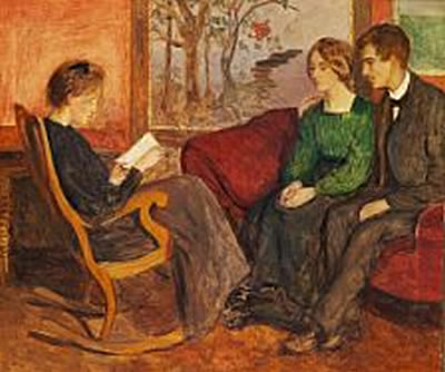 Interior with a woman in a rocking-chair and a couple in a sofa, presumably Anna Petersen herself, and the painter Willumsen and his wife by Anna Sophie Lorenze Petersen - Auction record, sale price, and art valuation. Compare with similar artists and explore comparable artworks.