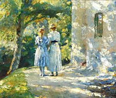 Two young women on a path in Lindenborg Park by Johannes Grenness - Auction record, sale price, and art valuation. Compare with similar artists and explore comparable artworks.