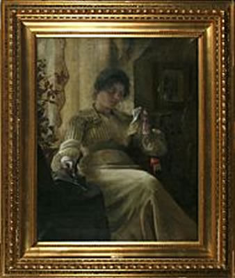 Interior with thoughtful young woman forgetting her needlework