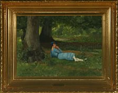 Woman in a blue dress laying in the shadows of the trees by Knud Olsen - Auction record, sale price, and art valuation. Compare with similar artists and explore comparable artworks.