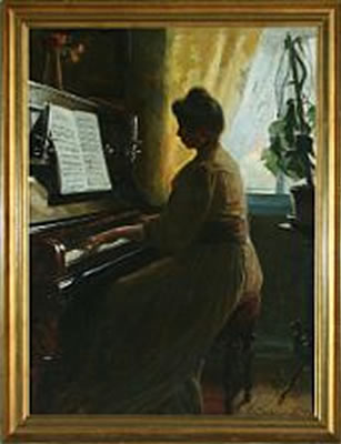Portrait of the artist's mother Alba Schwartz by the piano in Skagen by Walter Schwartz - Auction record, sale price, and art valuation. Compare with similar artists and explore comparable artworks.