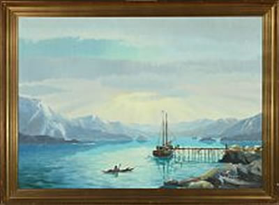 Greenlandic bay with supply vessel and sealer