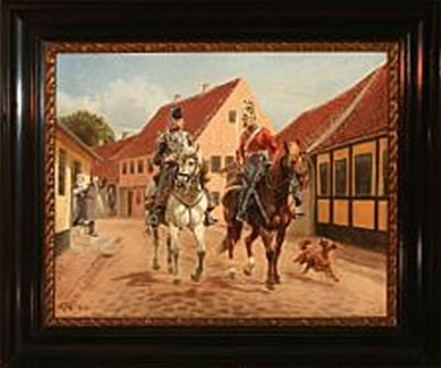 The Danish General Olaf Rye with a prisoner in the streets of Århus during the Danish-German War 1848-1851.