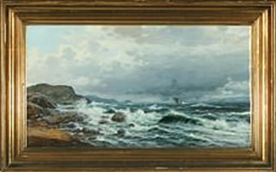 Norwegian coastal scenery with a sailboat at sea by Olaf Nordlien - Auction record, sale price, and art valuation. Compare with similar artists and explore comparable artworks.