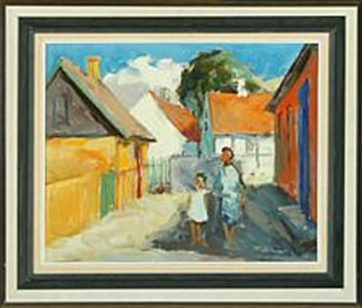 Small city scenery with woman and child, a summer at Bornholm