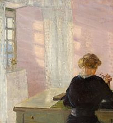 Interior with a reading woman on a sunny day by Helga Ancher - Auction record, sale price, and art valuation. Compare with similar artists and explore comparable artworks.