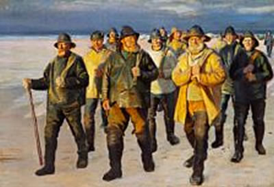 Fiskere vender hjem fra Nordstranden. Aftensol". Fishermen homeward bound from the beach. Evening sun