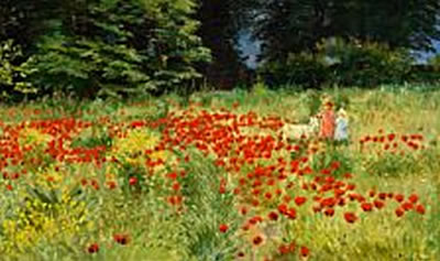 Little girls walking in a field with red poppies in bloom