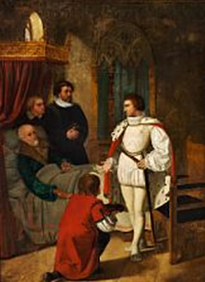 Cansleren Niels Kaas, som paa sin Sotteseng giver Christian IV Nøglen til Rigets Klenodier". King Christian IV is receiving the keys to the Danish Crown Regalia from the dying Chancellor Niels Kaas