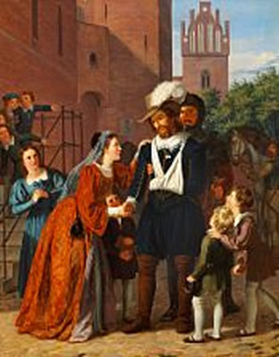 The wounded Herluf Trolle is received by his wife Birgitte Gjöe and the pupils from the boarding school on his return to Herlufsholm