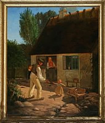 Summer day with parents and their child at a village house