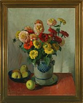 Still life with flowers and apples on a table