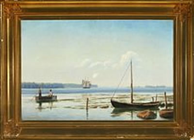 View over Svendborg Sund with fishermen in a rowing boat, in the background sailing ship by Mathias Lutken - Auction record, sale price, and art valuation. Compare with similar artists and explore comparable artworks.