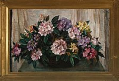 Still life with rhododendron in basket