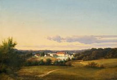 View of the manor house in Brede and the factory buildings