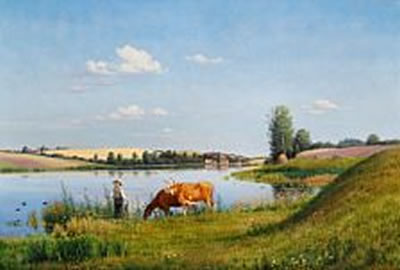 River landscape with a peasant boy wearing a straw hat and two cows