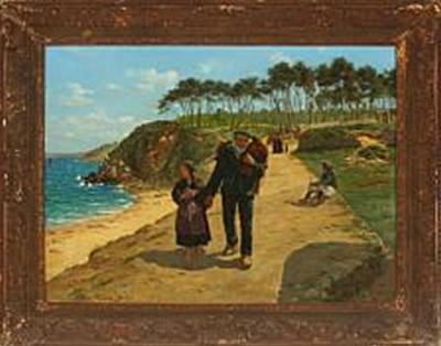 Coastal scenery from Bretagne, with fisherman and his daughter.