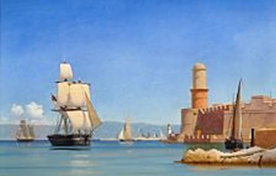 Coastal scene on a quiet summer day with sailing ships near an arsenal, presumably at Toulon Arsenal in Provence, France. To the right the French cutter Laura of Toulon.