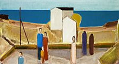 Scenery with figures and houses.