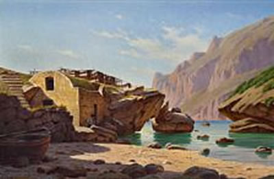 Rocky coast with a fisherman drying his fishing nets, Capri.