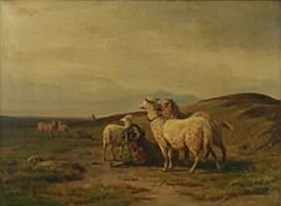 Landscape with a dog, sheep and their pasture.