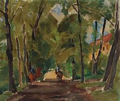 Forest scenery with horsriders