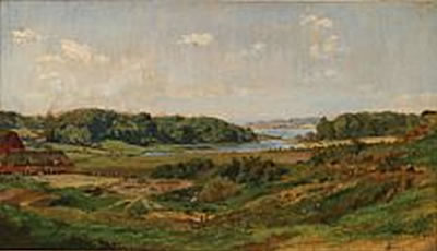 Hilly summer landscape with a farm, presumably in Holstein.