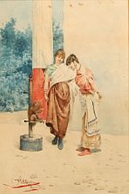 Italian women watching a monkey.