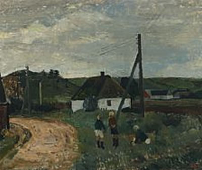 Small village life with children playing by the roadside.