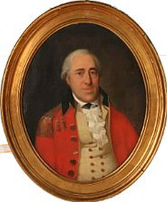 Portrait of major Rosenørn in red uniform jacket and white vest.