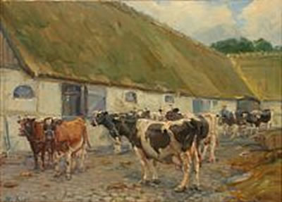 Farm exterior with cows by Harald Kjaer - Auction record, sale price, and art valuation. Compare with similar artists and explore comparable artworks.