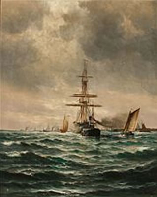 A tug towing a large sailing ship out of Copenhagen Harbour.