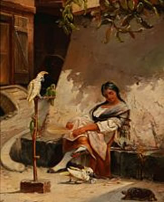 Street scene with a woman at a kerb, presumably from Central America or the Danish Virgin Islands.
