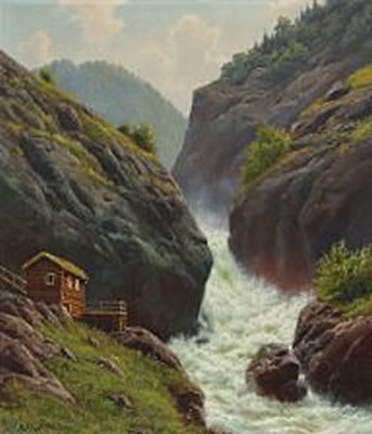 Norwegian landscape with cottage by river. by Svend Drews - Auction record, sale price, and art valuation. Compare with similar artists and explore comparable artworks.