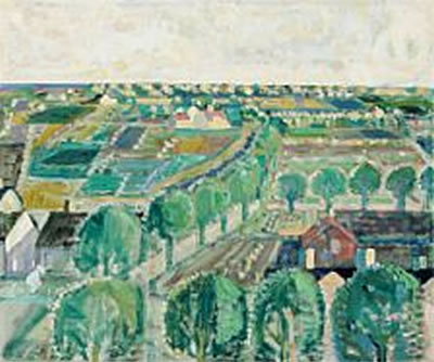 Landscape with trees and houses.