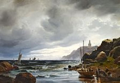 Rocky coast with fishermen landing their catch, presumably from Sweden.