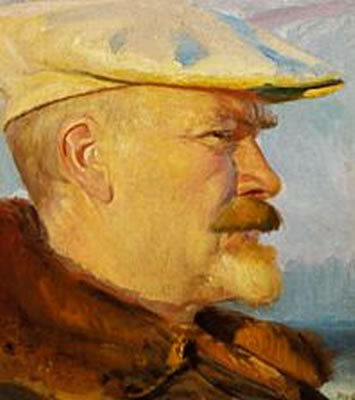 Portrait of Michael Peter Ancher: Self portrait in the evening sun wearing a white cap
