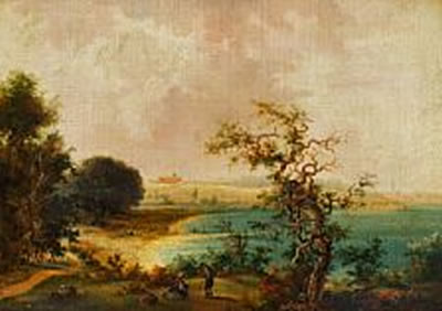 A pair of Danish landscapes, one with a view of a manor house, the other with a couple near the sea, in the background a manor house.