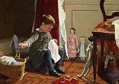 Little girl sewing in a corner of the living room surrounded by her dolls. by Axel Helsted - Auction record, sale price, and art valuation. Compare with similar artists and explore comparable artworks.