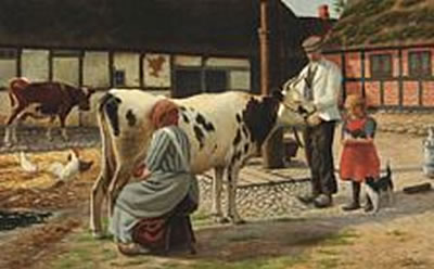 A scene from a farm house with animals and persons