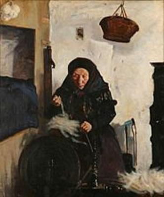 Interior with an old woman at the spinning wheel. by Fridolin Johansen - Auction record, sale price, and art valuation. Compare with similar artists and explore comparable artworks.