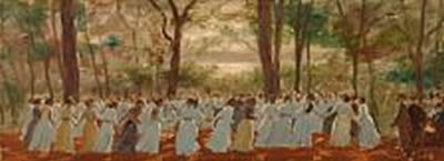 Forest scene with dancing girls in a forest, Denmark