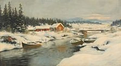 Norwegian wintry landscape with rowing boats and houses at a river.