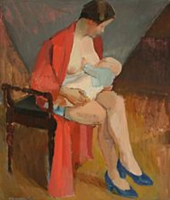 A mother feeding her baby.