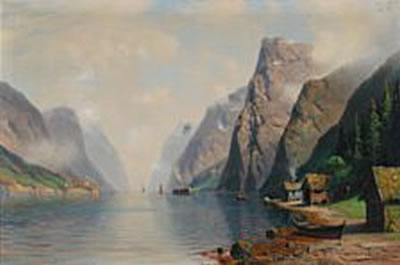 Norwegian mountainscape with houses and ships.